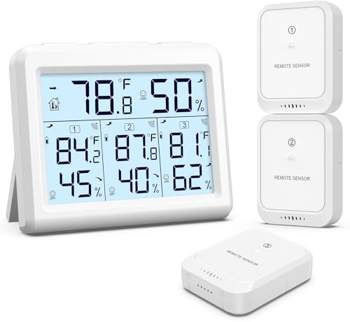 Brifit Hygrometer Thermometer, Luftfeuchtigkeitsmesser Innen/Ausen mit 3 Sensoren, Digitales Thermometer Innen Außen mit Hintergrundbeleuchtung, ℃/℉ Schalter, MIN/MAX Anzeige, für Büro, Zimmer - Weiß