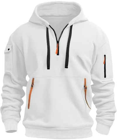 MakingDa 1/4 Zipper Fleece Hoodie Herren Pullover 3 Taschen Warm Regular Fit Hooded Sweatshirt Männer Kapuzenpullover Teenager Jungen Sport Sweatjacke Weiß XL