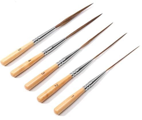 5PCS Long Liner Paint Brush Set,Ultra-Fine Tip Professional Pinstriping Brush Set for Watercolor,Gouache,Ink&Acrylic,Short Brush for Detailing Line Work, Paint by Numbers & Fine Art (Light Brown)