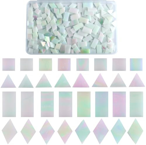 SOFPLATE 1 scatola 200 pezzi 4 stili di Piastrelle di Mosaico In Vetro Colorato Piccoli Pezzi di Mosaico In Vetro Iridescente Triangolo Quadrato Rombo Rettangolo Piastrelle Artigianali Cabochon per Pr