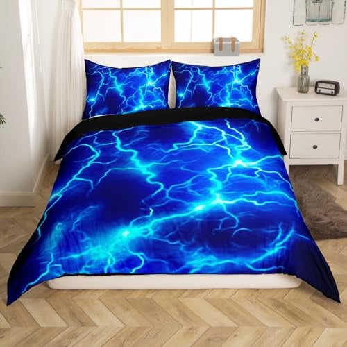 Loussiesd Kinder Blauer Blitz Bettwäsche Set 135x200cm Schwarz Blau Betten Set Blitz Bettbezug Set für Kinder Jungen Mädchen Geometrie Bettwäsche-Set Mikrofaser Bettbezug Weich