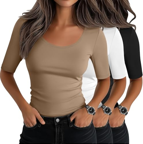 Neer 3 Pack Women's Scoop Neck Half Sleeve Tops | Slim Fit T-Shirts, 1/2 Sleeve Shirts, Tight Casual Tees, Elbow Sleeve, Layer, Cotton Blend, Stretchy, Cover Arms, Daily Wear