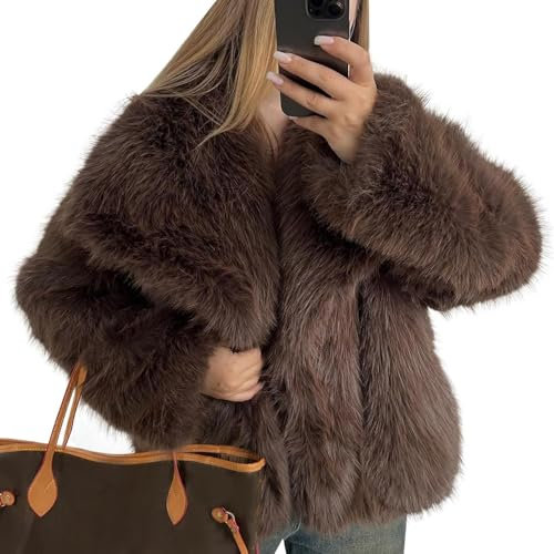 Suncadmious Inverno delle Donne Soffice Cappotto Corto Peloso Risvolto Breve Ufficio Cappotto Peloso Manica Lunga Tasca Soffice Cappotto Caldo con Matrimonio Cappotto Peloso (Marrone,M)