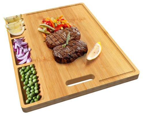 Planche a Decouper Bois, Naturelle Planche a Decouper Bambou, Planche à Découper Bois avec 3 Compartiments Intégrés et Rainures