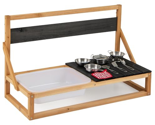 COSTWAY Cocina Juguete de Jardín en Madera de Abeto, Cocinita Infantil de Pared o de Sobremesa, Cocina Infantil Madera con Ganchos Colgantes, Pizarra, Fregadero, Accesorios de Cocina y Trapo