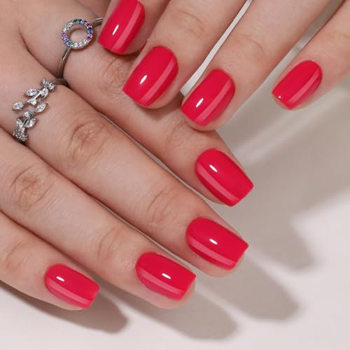 Anglicolor Faux ongles,ongles à coller réutilisables,Faux ongles rouges,32 faux ongles courts en gel souple, y compris colle à ongles, lime à ongles et bâton de manucure (Red-A4, 32 pièces)