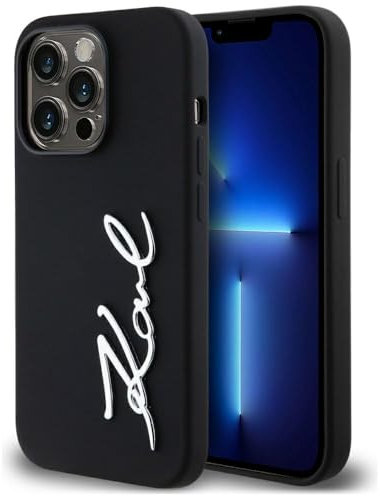 CG MOBILE Karl Lagerfeld Silicone Metal Script Logo Hülle für iPhone 14 Pro (Schwarz)