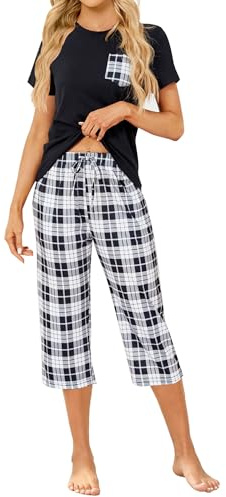 TeJoyce Pyjama Femme Court Été, Deux Pièces Vêtements de Nuit Rayonne, Ensembles Manches Courtes et Carreaux Pantalon 3/4 avec Poche, Léger et Respirant Loungewear pour Dormir (Noir, L)