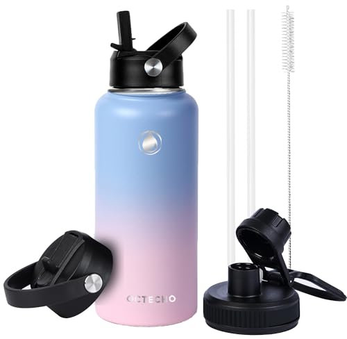 OcTecho Metal Water Bottle with Straw, 1L Stainless Steel Water Bottle 2 Leakproof Lid, BPA Free Double Walled Vacuum Insulated Water Bottle Thermal for 12h Hot & 24h Cold,for Man,Woman-Blue+Pink