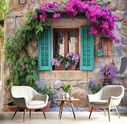 Fototapete 3D Effekt, 250x175cm (B×H) Seidenstoff für Wohnzimmer Schlafzimmer Wanddekoration, 3D Vintage Garten Fototapeten Wandtapete Topfpflanzen Fensterläden Wandbild Fototapete, braun