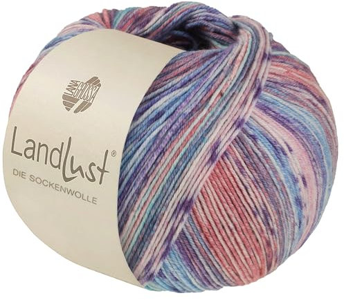 LandLust die Sockenwolle Seide 334 - Türkis/Himmelblau/Violett/Rosa/Lachs/Grau-/ Zartrosa Gestreift