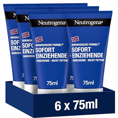 Neutrogena Sofort einziehende Handcreme (6 x 75ml), leichte und nicht fettende Feuchtigkeitscreme mit Glycerin plus Vitamin E bei trockenen, rissigen Händen, Sparset