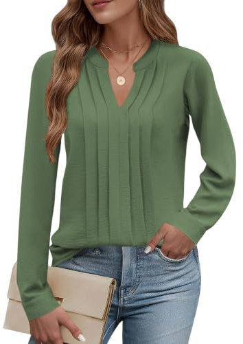 Cuptacc Women Blouses Long Sleeve V Neck Tops Elegant Business Outfits | Fall,Spring,Elegant,Dressy,Casual,Fashion,Business,Work,Outfit,Pleated,Chiffon,Going Out,Loose,Chic,Basic