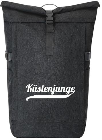 Huuraa Kurierrucksack Küstenjunge Schriftzug 30-44 Liter Black Melange Fairtrade Rolltop Rucksack Geschenkidee