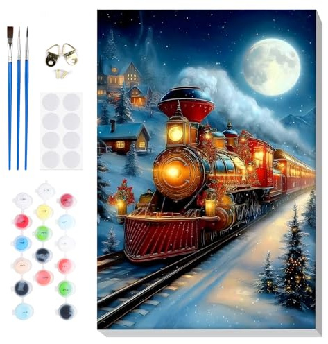 Lxmsja Veille de Noël Peinture Numero Adulte avec Cadre, Peinture par Numero Train, Peinture Acrylique Numéro d'art avec 3 Pinceaux, Loisirs Créatifs Adultes, Décoration de Noël, 20x30cm