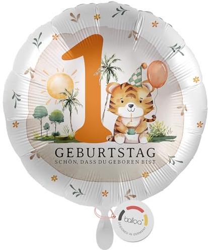 balloa Folienballon XXL Safari Tiger, Geschenk zum 1. Geburtstag, Helium Ballon Rund mit Tiermotiv und Zahl 1, Kindergeburtstag Partydeko Safari Motto, Geburtstagsdekoration Jungen oder Mädchen, 53cm