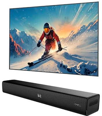 Heymell 2.1ch Piccolo Soundbar TV Bluetooth/PC/Proiettore Subwoofer Integrato, 120W Sound Bar Casse per TV, Miglioratore Dialogo, Ottico Aux. Montaggio a Parete.