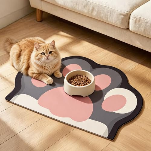 JanYoo Napfunterlage Hunde und Katze, Futterunterlage Saugfähige, 60 X 40cm | Groß, Futternapf Rutschfeste Katzennapf Futtermatte Katze Hundenapf Matte Futterunterlage für Hund Katzen(Rosa Pfoten)