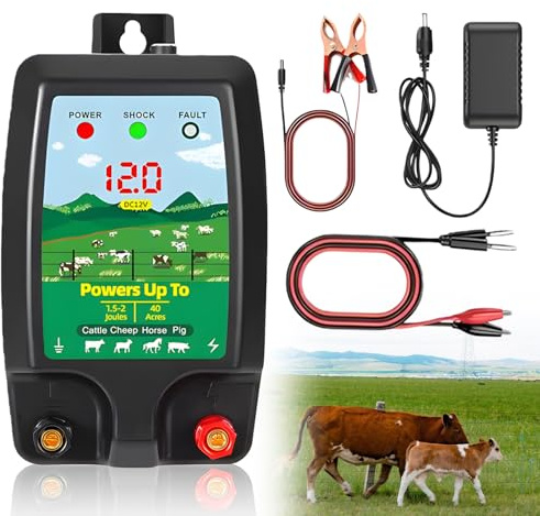 Weidezaungerät 12V mit LED Anzeige, Wasserdicht Elektrischer Weidezaun 10Km Reichweite 1,5-2 Joule Wasserdicht Elektrozaungerät für Schutz von Nutztieren, Haustieren, Geflügel, Hausweide, Gärten