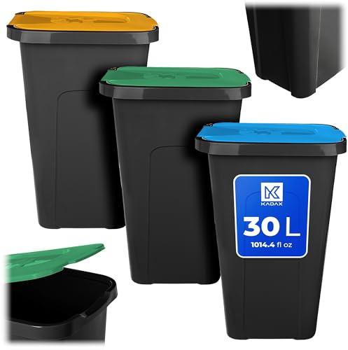 KADAX Lot de 3 poubelles de 30 l, pour système de tri des déchets, en plastique, avec couvercle à charnière (vert, jaune, bleu)