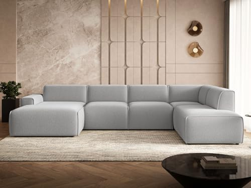 GRAINGOLD Belluno Ecksofa 378x220 cm, U-Form Sofa, Ecksofa für Wohnzimmer, Bouclé Stoff, 5-Sitzer Wohnlandschaft, Modernes Design (Grau, Rechts)