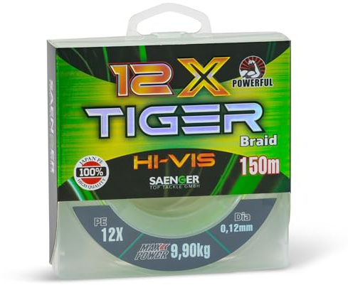 Geflochtene Schnur 12fach von SAENGER 12X Hi-Vis Tiger Braid 150m Yellow Green in verschiedenen Grössen (Ø 0,23mm / 18,5kg)