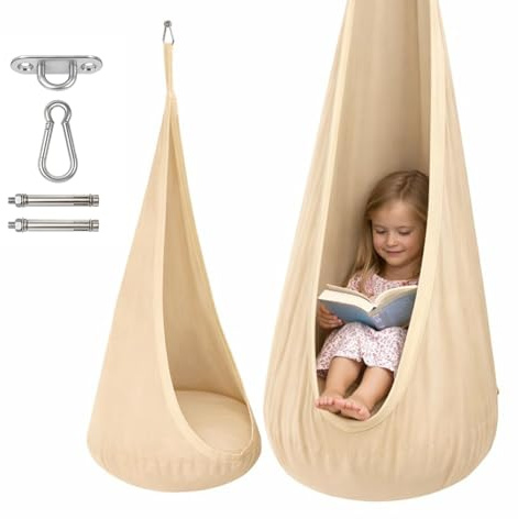 Clever Leon Hängesessel Kinder Baumwolle mit Kissen bis 60 kg Beige | Bequemer Kinder Hängesessel mit weichem Kissen, Montage Set und stabiler Aufhängung für Kinderzimmer