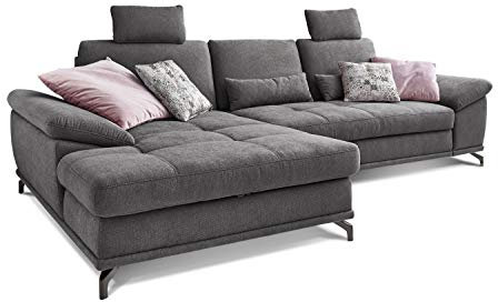 Cavadore L-Form-Sofa Castiel mit Federkern / Großes Schlafsofa mit Bettfunktion, Sitztiefenverstellung, Kopfstützen und XL-Longchair / 312 x 114 x 173 / Webstoff, Grau