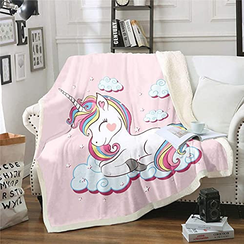 Loussiesd Kinder Decke 130x150cm Mädchen Einhorn Rosa Karikatur Einhorn Regenbogen Wolken drucken Kuscheldecke für Jugendliche Frauen Süß Tiere Dekorativ Wohndecke Mikrofaser Flanell Fleecedecke