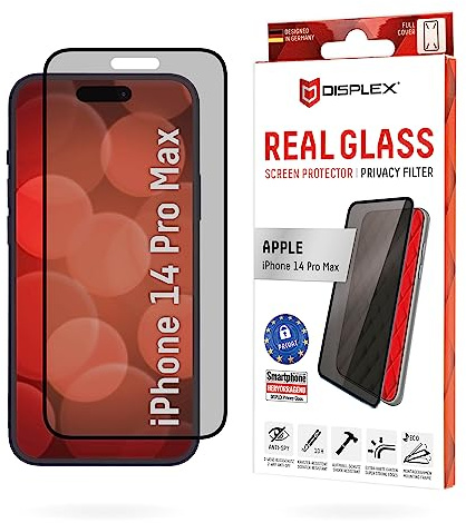 Displex Privacy Full Cover Schutzglas (10H) für Apple iPhone 14 Pro Max, Eco-Montagerahmen, Privacy Filter, Tempered Glas, kratzer-resistente Schutzfolie, hüllenfreundlich