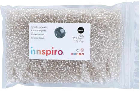 INNSPIRO Rocalla de vidrio redonda plateado transparente plata 3,8mm. 500gr. Bolsa. Para crear pulseras y collares, ideal para manualidades y joyas con niños. Cuentas semilla.