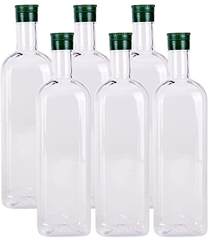 B SEPOR 6 Pack 1000ml Clear Quadra PET Empty Bottles 1 Quart Olive Oil Plastic Bottle with Caps (33.8 Fl Oz) - Long Neck Square Wine Bottles for Plant Watering Globe