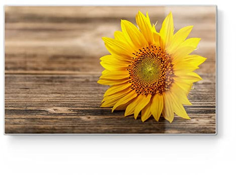 DEQORI Frühstücksbrett Glas | klein 23x14 cm | Motiv Sonnenblume auf Holz | Design Schneidebrett für Küche | Frühstücksbrettchen antibakteriell & rutschfest | Glasplatte & Servierplatte
