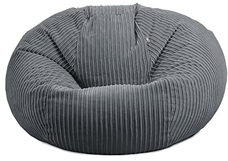 rucomfy Beanbags Jumbo Corduroy Huge Adult Bean Bag Chair. Extra Large Living Room Lounger. 125 (H) cm x 120 (W) cm (Slate Grey, with Matching Footstool)
