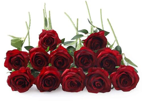 Laelfe 12 Pcs Rose Rosse Finte per Decorazioni, Bouquet Fiori Finti di Rosa con Steli Lunghi, Rose Artificiale per Composizioni di Nozze Casa Giardino Partito Decorazioni Floreali (Borgogna)