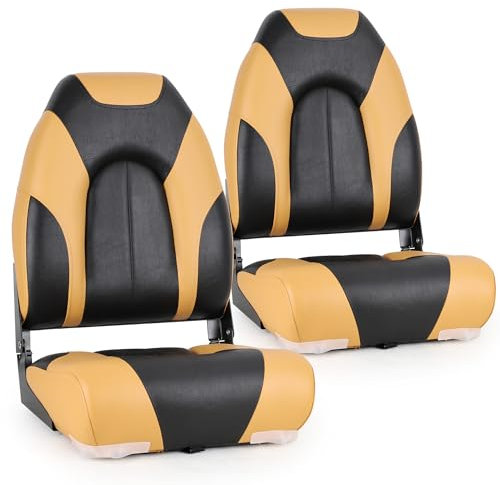 SUNDGORA Deluxe Marine Klappbarer Bootssitz mit hoher Rückenlehne, Edelstahlschrauben im Lieferumfang enthalten, Stil C9-Schwarz/Gelblich-Braun (2 Sitze)