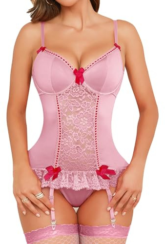 Aranmei Underklädesset för kvinnor, sexig blommig spetsbody med strumpeband, V-ringad babydoll-underkläder med strumpor