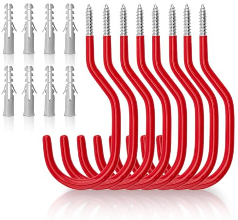 KINGLAKE 8 Pcs Red Bike Hooks, Garage Storage Hooks Large Screw-in Shed Hooks, Heavy Duty Ceiling Hooks Wall Mount Plastic Coated Bicycle Tool Hanger Hooks for Wall Bike Hanging