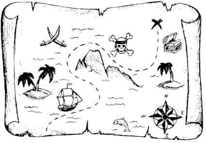 Wandaufkleber mit Piratenschiff und Schatzkarte, für Klassenzimmer und Kinderzimmer, Piratenkarte, Nimmerlandkarte, Wandtattoo, klein – 40x56cm