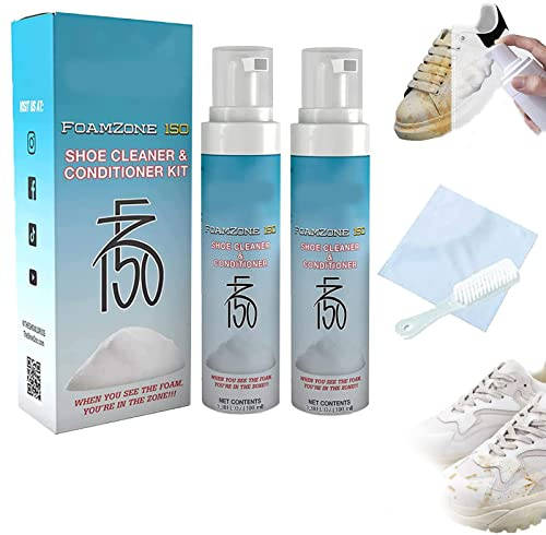 Zimoya Foamzone 150 Shoe Cleaner & Conditioner Kit, 100ML White Shoe Cleaner Whitener Stain Remover, Foam Zone 150 Shoe Cleaner w/Brush, Fz150 Shoe Cleaner for Canvas, Shell Shoes, Sneakers (2PCS)