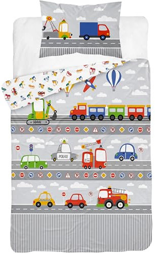 Kinderbettwäsche 100x135 cm aus 100% Baumwolle Weich und farbenfroh | Bettwäsche Kinder Perfekt für Mädchen und Jungen | Hochwertig und pflegeleicht Baby Bettwäshe mit Reißverschluss | Auto 047