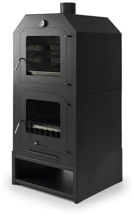 Estufa de leña con Horno y parrilla superficie C | Horno leña exterior interior prefabricado de hierro con leñero incluido