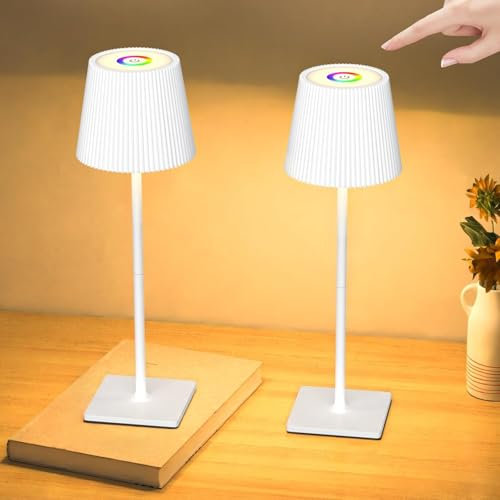 skelo Tischlampe Kabellos Dimmbare Touch LED Akku Tischlampe RGB 3 Farbtemperatur Höhenverstellbar IP54 4000mAh Für drinnen und draußen geeignet Wiederaufladbar USB-C Metallmaterial Weiß 2 Stück