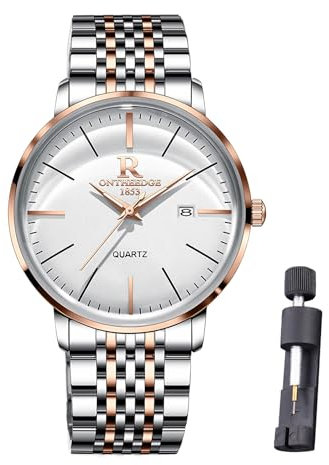 Raitown Herrenuhr Edelstahl, 40mm gewölbtes Glas, Retro-Stil mit minimalistischem Design, Zifferblatt mit Datum, 30M wasserdicht, Analoges Quarzwerk, Männer Armbanduhr Rosegold