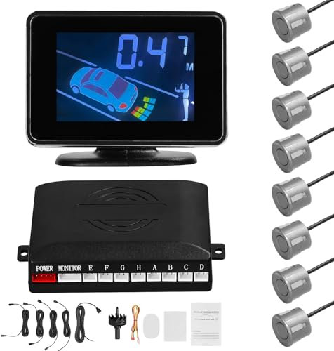de Sensor de estacionamiento para automóvil, radares de Marcha atrás, zumbador Delantero y Trasero, silenciador, Compatible con 8 sensores, Pantalla LCD de Distancia, Advertencia (Gris)