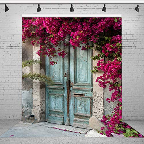 Riyidecor Vintage Wood Door Backdrop Blue Purple Flowers 5x7 Feet Spring Nature House Plant Romantic Wedding Scene Photography Background Adult Party Decor Props Photo Shoot Fabric Cloth