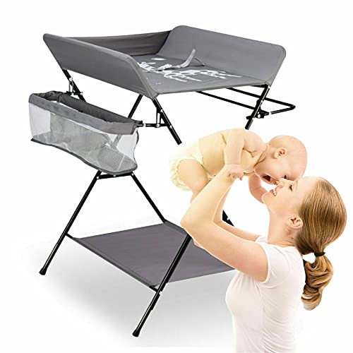 3 in 1 Baby Wickelkombination, Wickeltisch Badestation Wäscheständer, Höhenverstellbar & Klappbar & Rollbar, mit Seitlicher Tasche & drei Ablagefächern, Wickelauflage mit Sicherheitsgurt (Grau)