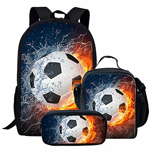 KUIFORTI Football School Backpack Set of 3,Kids Children Schoolbag Bookbag Casual Laptop Daypack School Rucksack Sets,Thermal Lunch Box with Pencil Case