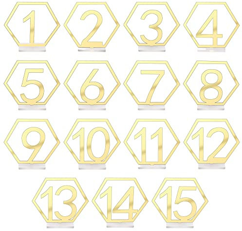 KINBOM 15 Stück 1-15 Hochzeit Acryl Tischnummern Ausschnitt mit Halter Hexagon Tische Mittelstücke für Empfangsdekorationen (Gold)