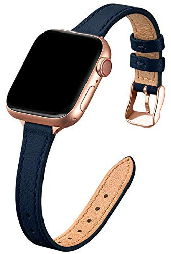 SUNFWR Kompatibel mit Apple Watch Armband 38mm 40mm 41mm,Echtes Ersatz Lederarmband,Schlank und Leicht Armband für die iwatch Serie Ultra/8/7/6/5/4/3/2/1,SE(Dunkelblau&Roségold)